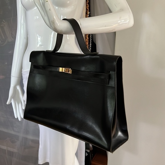 Handbags - Vintage Large Black Leather Sellier Style Handbag Made in France